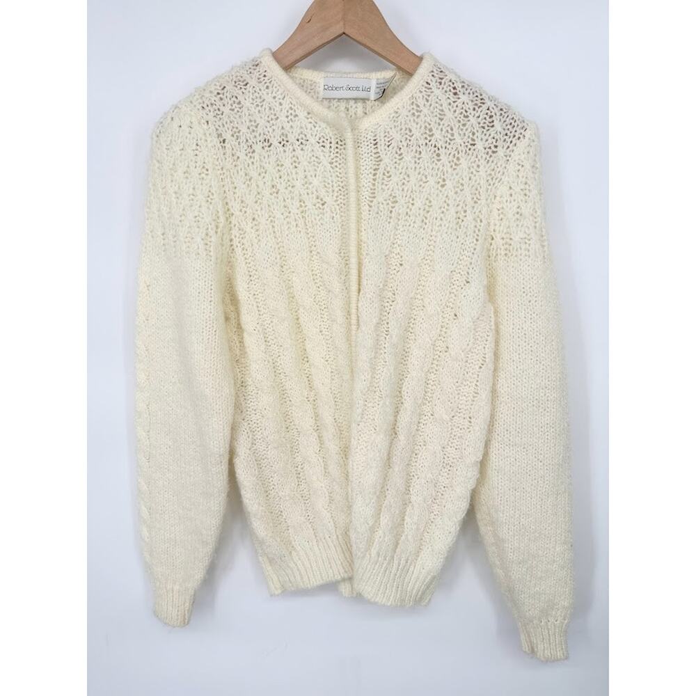 Vintage Robert Scott Ltd Cable Knit Button Cardigan Cream Sweater Sz 34 Cottage